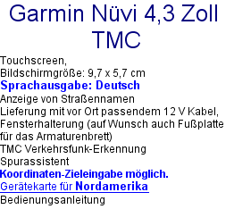 Beschreibung Garmin 4,3 Zoll TMC bei Navi mieten Kanada 